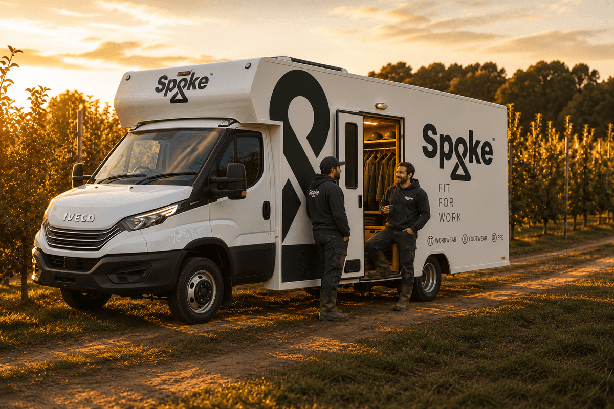 The Spoke mobile showroom van opened on site at an orchard.