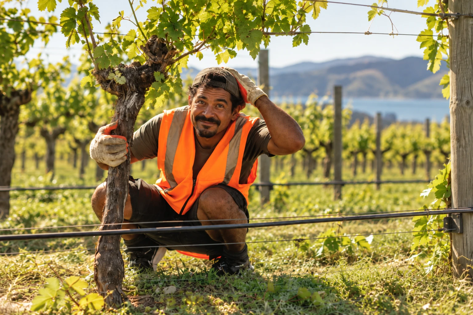 A worker in hi-vis crouched among the vines on a New Zealand vineyard.