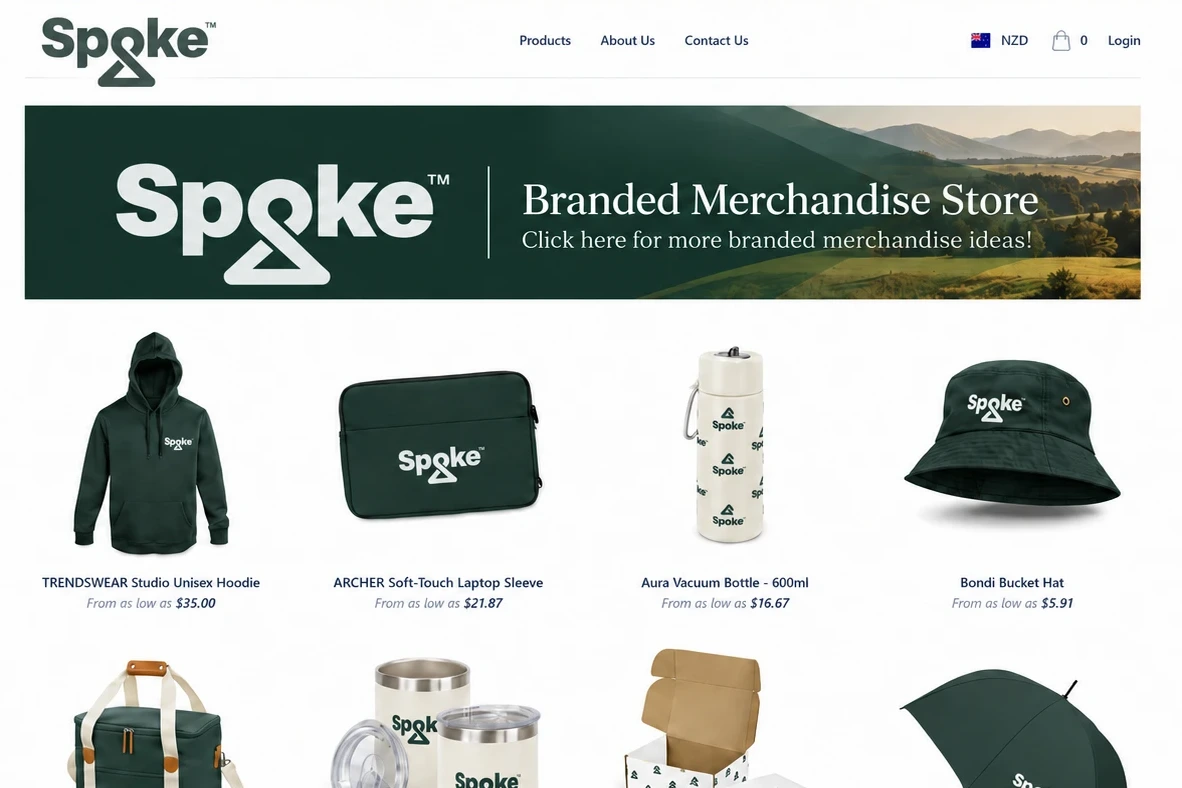 An example Spoke Brandstore: a Spoke banner reading "Branded Merchandise Store" above Spoke-branded products, including a hoodie, laptop sleeve, drink bottle and bucket hat.