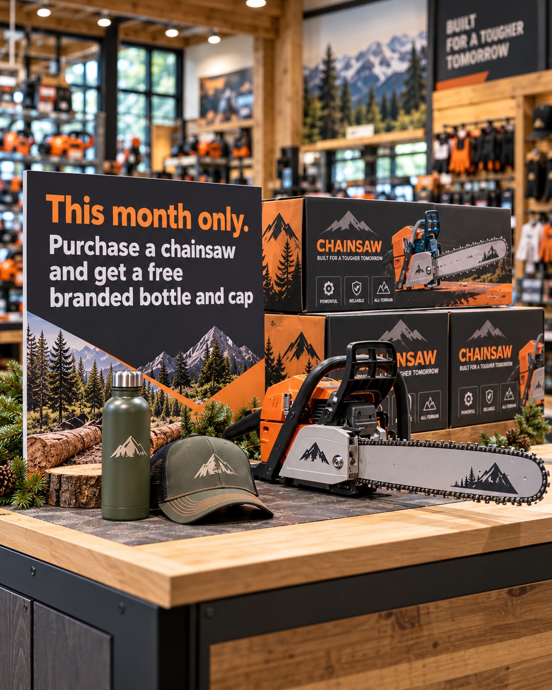 A rural store counter with a chainsaw, boxed chainsaws and a sign reading "This month only. Purchase a chainsaw and get a free branded bottle and cap", beside a green branded drink bottle and cap.