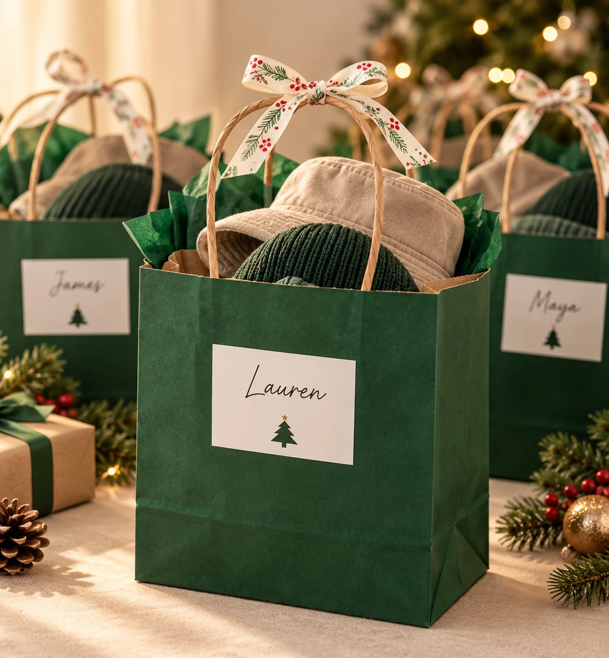 Green Christmas gift bags tied with festive ribbon, each labelled with a staff member’s name, holding a bucket hat and a knitted beanie.