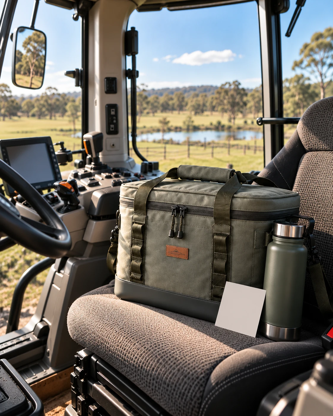 A grey-green soft chilly bin with a leather patch, a matching insulated drink bottle and a blank card on the seat of a tractor cab, with paddocks outside.