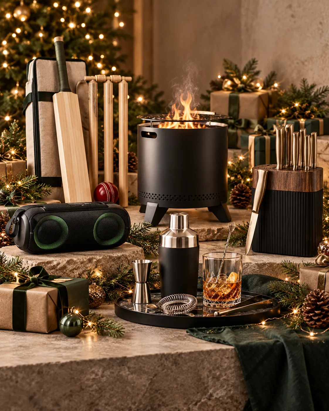 Premium gifts by a Christmas tree: a cricket set, an outdoor speaker, a fire pit, a knife block and a cocktail set.