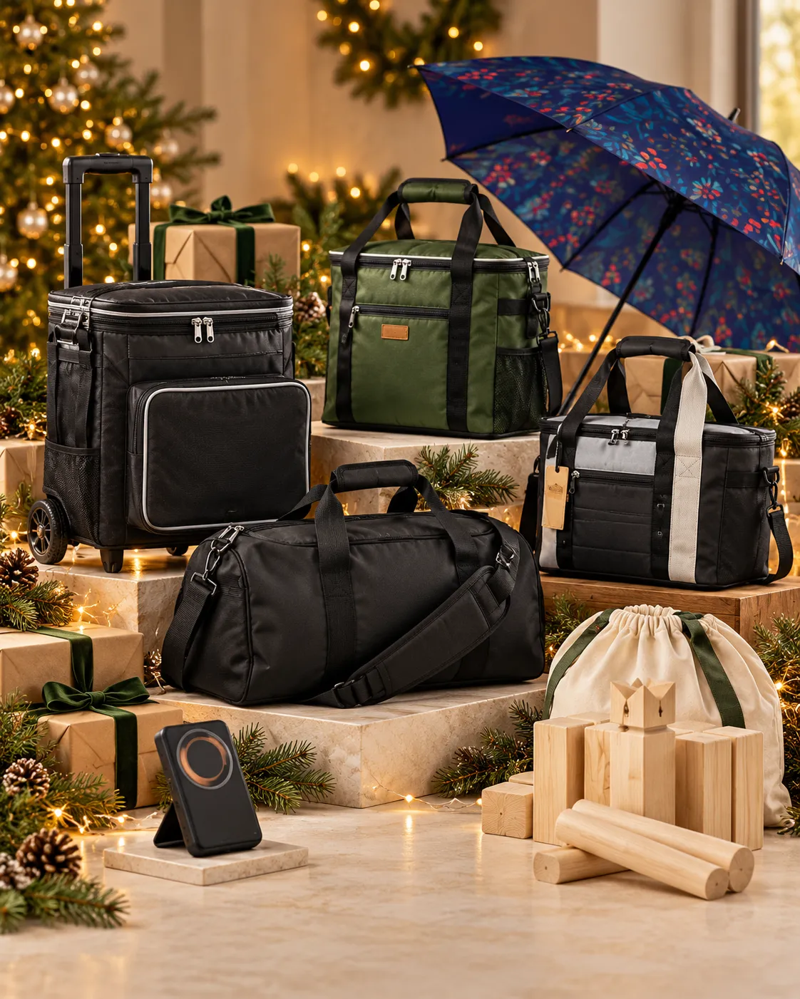 Cooler bags, a cooler trolley, a duffle bag, a wireless power bank, a lawn game and an umbrella among Christmas presents.