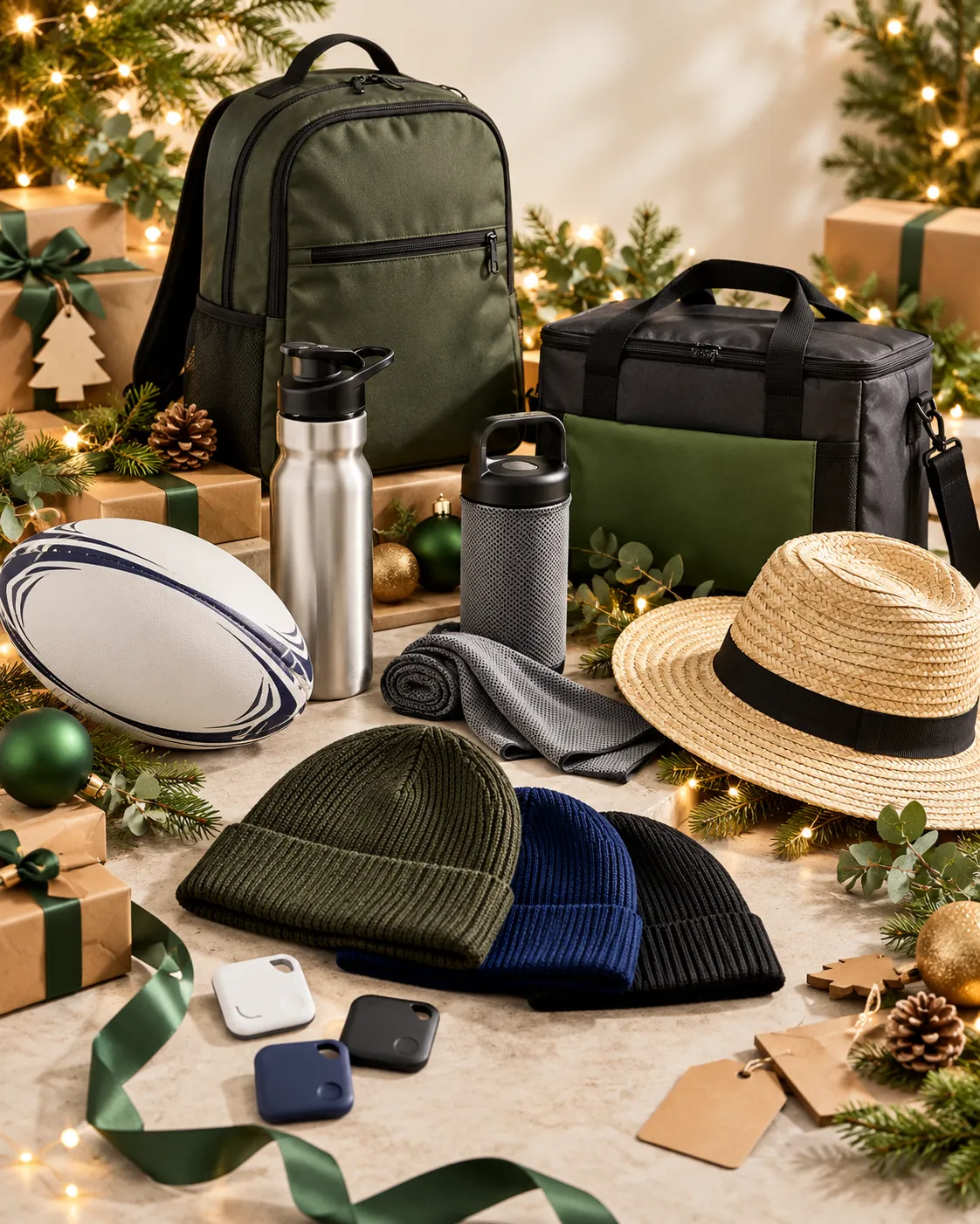 Christmas gifts laid out with pine and fairy lights: a backpack, drink bottles, a cooler bag, a rugby ball, beanies, a straw hat and Bluetooth trackers.
